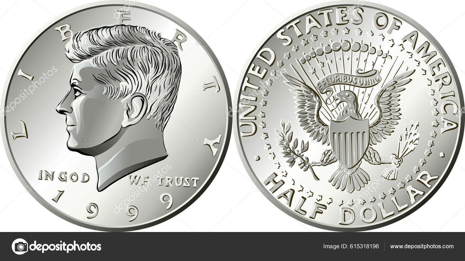 一套半美元硬币正面印有约翰肯尼迪的字样背面印有总统印章图库矢量图©olgacov 615318196