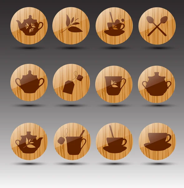 Set di bottoni in legno. Tema del tè. Vettore — Vettoriale Stock