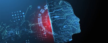 Yapay zeka temasının soyut arka planı. Çevrenin içinde teknolojik elementlerle baş şekli.