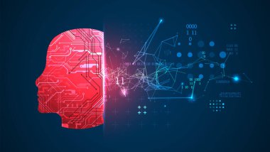 Yapay zeka temasının soyut arka planı. Çevrenin içinde teknolojik elementlerle baş şekli.