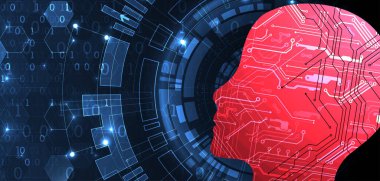 Yapay zeka temasının soyut arka planı. Çevrenin içinde teknolojik elementlerle baş şekli.