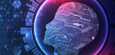 Yapay zeka temasının soyut arka planı. Çevrenin içinde teknolojik elementlerle baş şekli.