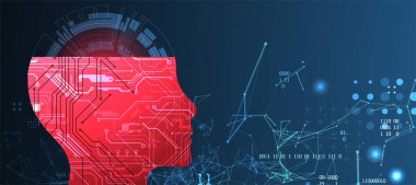 Yapay zeka temasının soyut arka planı. Çevrenin içinde teknolojik elementlerle baş şekli.