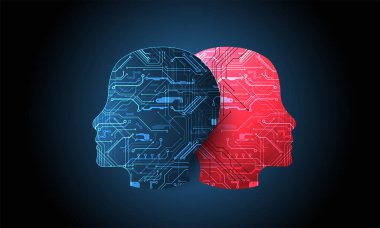 Yapay zeka temasının soyut arka planı. Çevrenin içinde teknolojik elementlerle baş şekli.