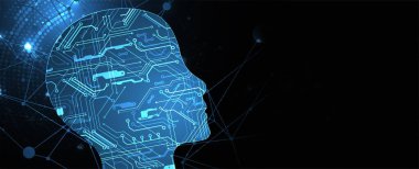 Yapay zeka temasının soyut arka planı. Çevrenin içinde teknolojik elementlerle baş şekli.