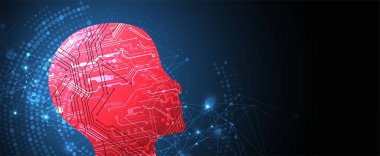 Yapay zeka temasının soyut arka planı. Çevrenin içinde teknolojik elementlerle baş şekli.