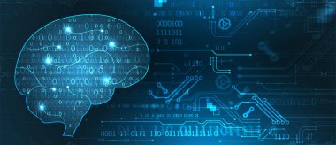 Yapay zeka temasının soyut arka planı. Beyin / kafa şekli ve çevresindeki teknolojik elementler..