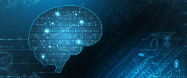 Yapay zeka temasının soyut arka planı. Beyin / kafa şekli ve çevresindeki teknolojik elementler..