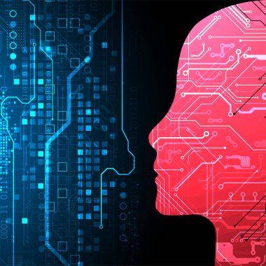 Yapay zeka temasının soyut arka planı. Beyin / kafa şekli ve çevresindeki teknolojik elementler..