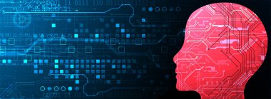 Yapay zeka temasının soyut arka planı. Beyin / kafa şekli ve çevresindeki teknolojik elementler..