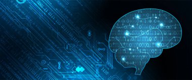 Yapay zeka temasının soyut arka planı. Beyin / kafa şekli ve çevresindeki teknolojik elementler..