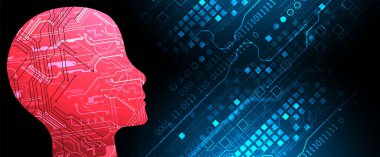 Yapay zeka temasının soyut arka planı. Beyin / kafa şekli ve çevresindeki teknolojik elementler..