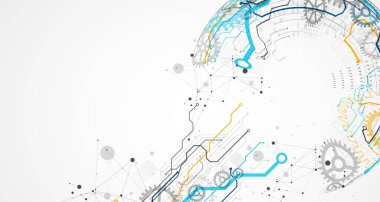 Teknolojik bir temada soyut renk vektörü arka planı birçok farklı teknik unsur kullanılarak oluşturulur. Genel ağ kavramı.