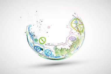 Teknolojik bir temada soyut renk vektörü arka planı birçok farklı teknik unsur kullanılarak oluşturulur. Genel ağ kavramı.