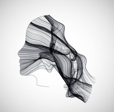 Bir insan kafasının silueti dalgalarla doludur. Soyut vektör arkaplanı.