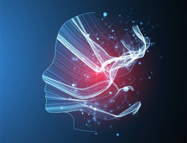 Bir insan kafasının silueti dalgalarla doludur. Soyut neon vektör arkaplanı.