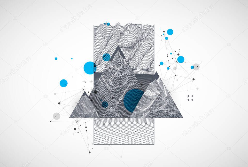 Scientific and technical image of the mountains. Abstract wireframe surface background inside a triangle.