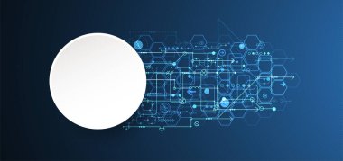 Abstract circuit board and hexagons on dark blue color background. Hi-tech digital technology concept.
