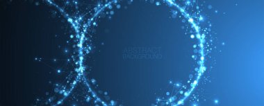 Soyut vektör arkaplanı, bilimsel yön, üzerinde parlak daireler ve kaotik noktalar var.. 