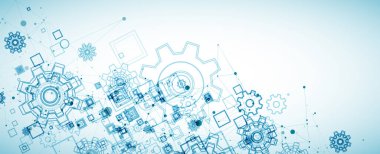 Soyut mavi teknolojik arka plan. Yapı kare desenli, dişli dişli ve pleksus efektli. Vektör