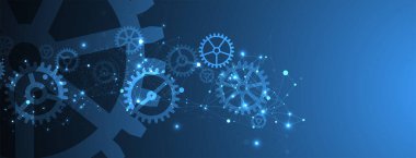 Soyut mavi teknolojik arka plan. Yapı kare desenli, dişli dişli ve pleksus efektli. Vektör