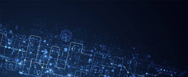 İkili kodlu soyut teknoloji kavramı. Devre kartı, yüksek bilgisayar rengi arkaplan. İçerik, web - şablon, iş teknolojisi sunumu için alanı olan vektör illüstrasyonu.