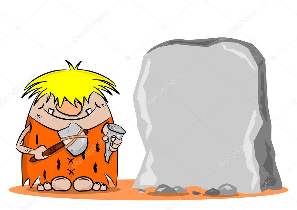 A cartoon caveman with hammer and chisel