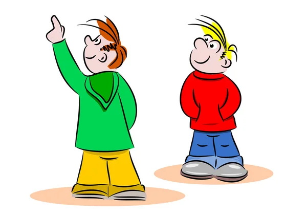 Young cartoon kids pointing and looking — Stock Vector