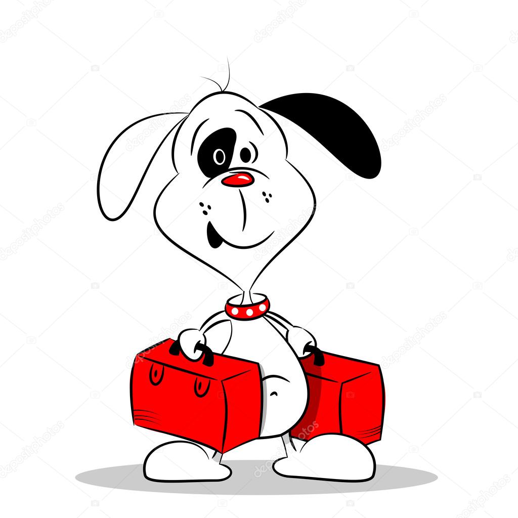 A cartoon dog holding two suitcases
