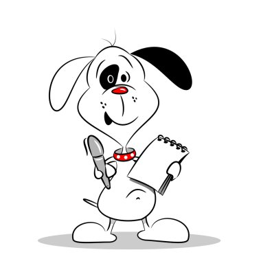 defter ve kalem ile karikatür köpek