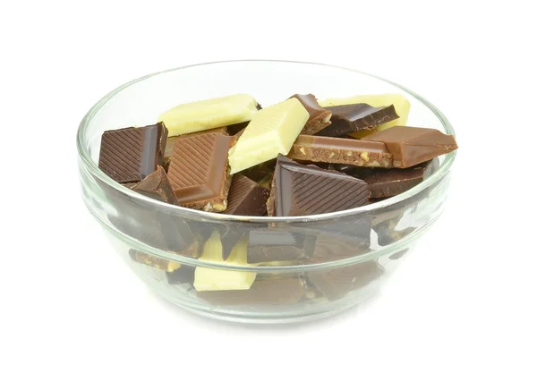 A bowl of milk dark and white chocolate chunks — Stock Photo, Image