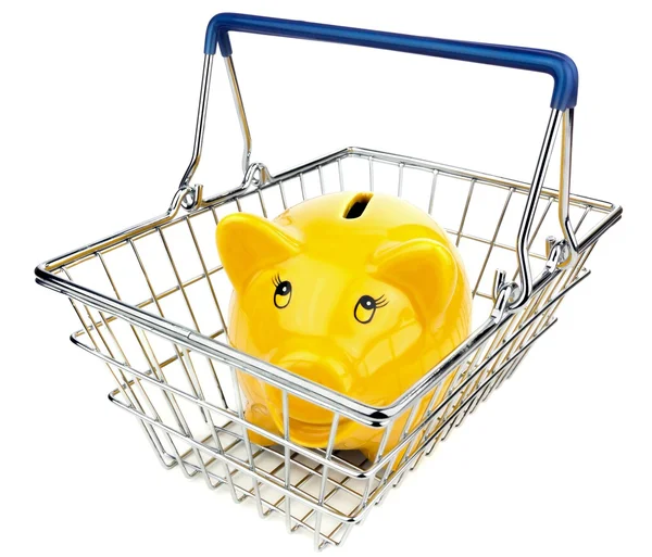 Piggy Bank in Shopping Basket — Stock Photo, Image