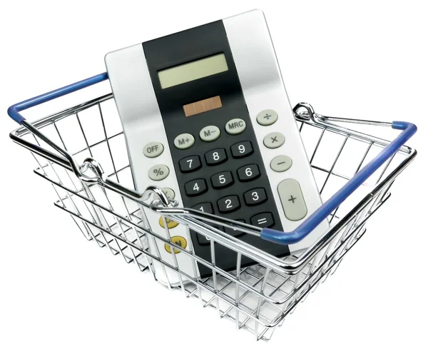 A calculator in a shopping basket — Stock Photo, Image