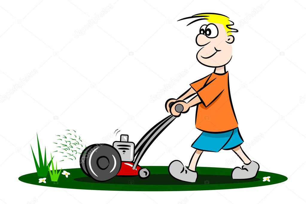 A cartoon guy cutting the grass