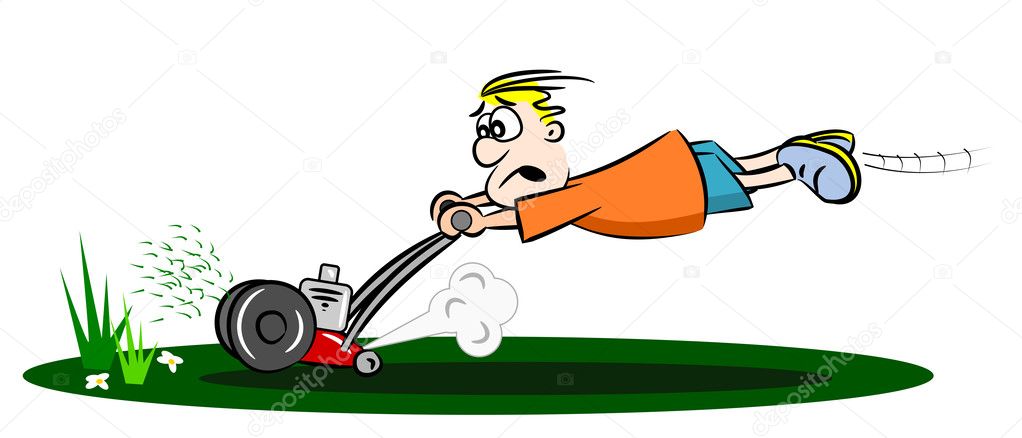 A cartoon guy cutting the grass