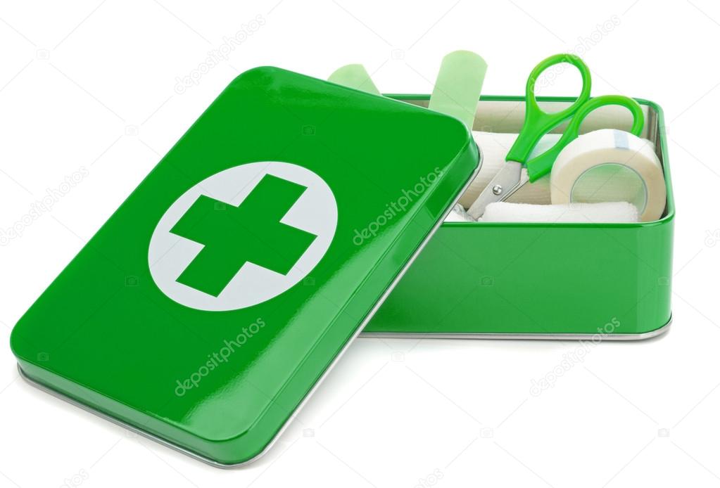 An open first aid box with contents