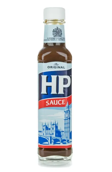 A glass bottle of HP Brown Sauce — Stock Photo, Image