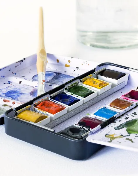 Konstnärens Metall Kompakt Resa Färg Tenn Med Akvarell Färger Och — Stockfoto