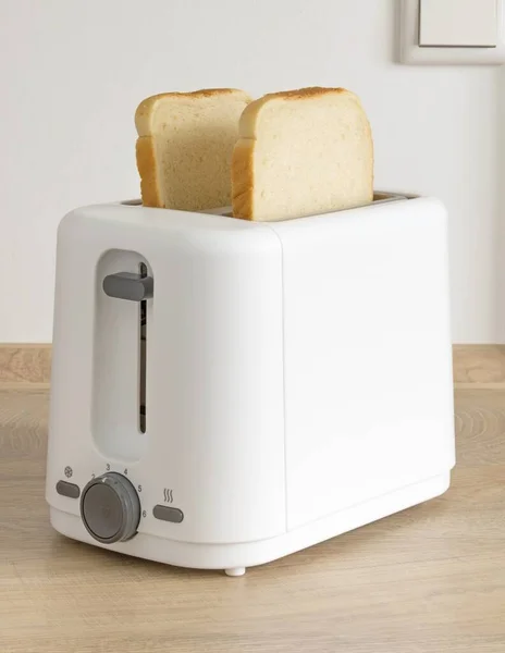 Two Slices White Bread Ready Toasting Electrical Toaster Wooden Kitchen — Stock Photo, Image