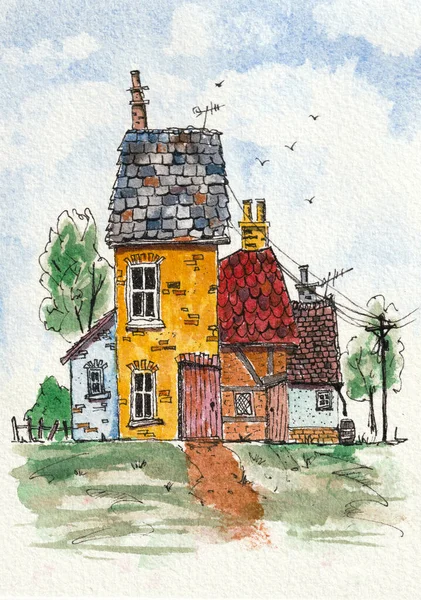 Hand Drawn Ink Sketch Water Colour Illustration Cartoon House Texture — Stockfoto