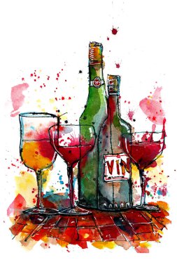 Bir el çizimi ve suluboya şarap kadehleri ve şişelerin çizimi.
