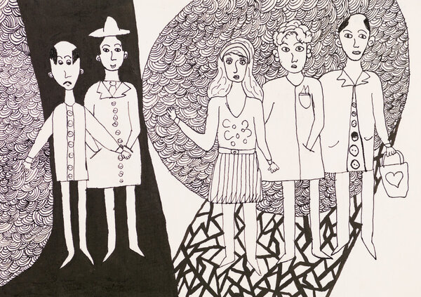 group of young people, pen drawing