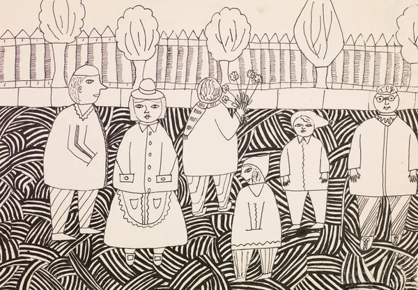 Group of people outdoors, contemporary drawing — Stock Photo, Image