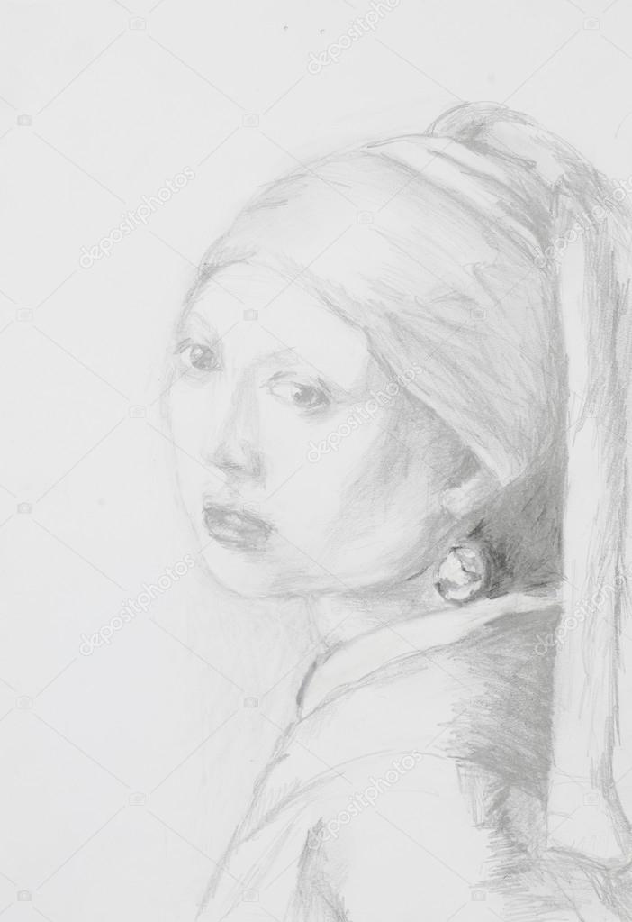 Dziewczyna Z Perłą Rysunek Ołówkiem Zdjęcie Stockowe