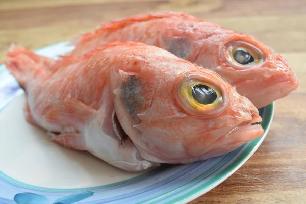 Nahaufnahme Von Frischen Rohen Skorpionfischen Einer Schüssel Auf Einem Holztisch — Stockfoto