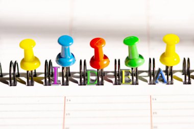 idea word on a colored push pins on a page on a planning 