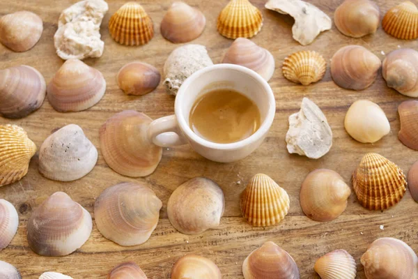 Cup Espresso Midst Variety Sea Shells — Stock Photo, Image