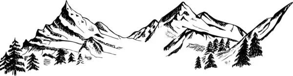 Hand Drawn Sketch Pine Forest Mountains — ストックベクタ