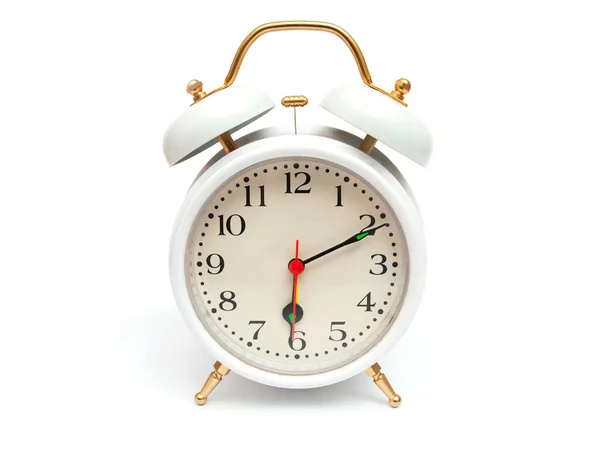 Classic White Alarm Clock Golden Trim Isolated White Background — Stockfoto