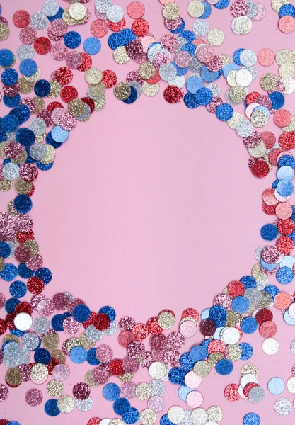 Frame Sparkles Confetti Pink Background Top View — Stock fotografie